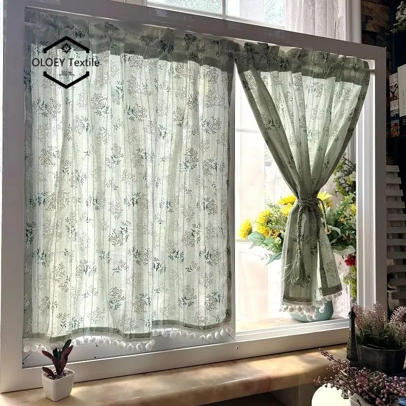 

Korean Daisy Curtains for Kitchen Bedroom Living Room Blackout Cotton Floral Drapes with Tassel Bay Window Cabinet Decor Sheer