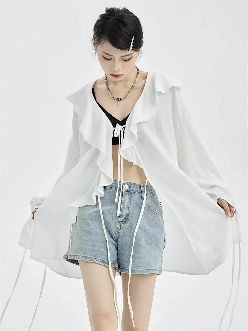 Loose Shirts Women Ruffles Sexy Basic Solid Chic Korean Preppy Style Long Sleeve Summer Breathable Cozy Advance Temperament New