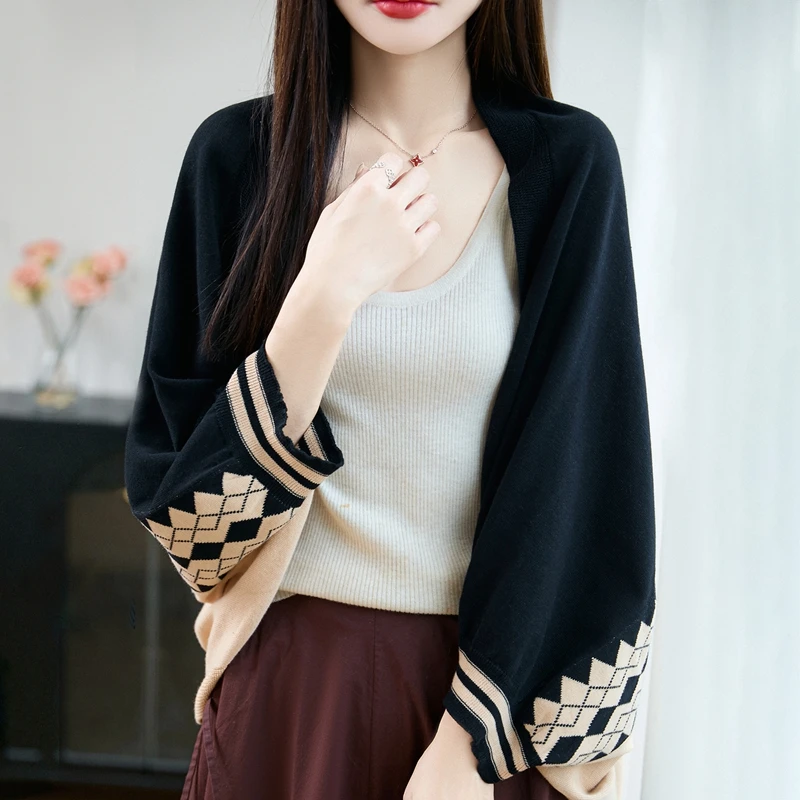

100% pure cotton shawl women's color blocked scarf autumn and winter Korean fashion knitted women's cardigan sweater