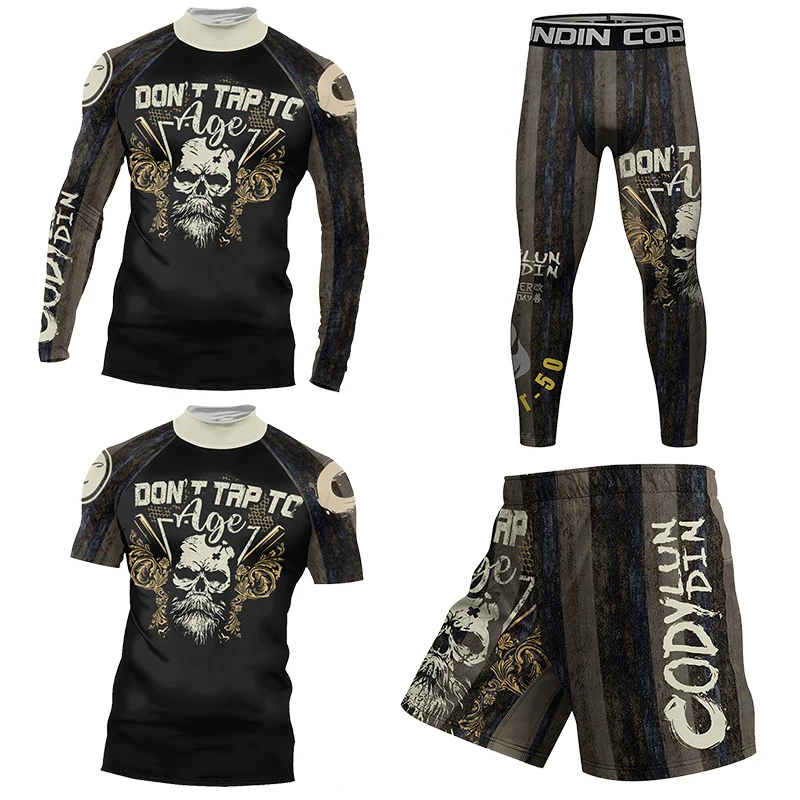 Hign NeckCompression MMA T Shirt+Pants Muay Thai Shorts Men jiu jitsu BJJ Rashguard Fitness Tracksuit Boxing Jerseys Sport Suit - Image 4