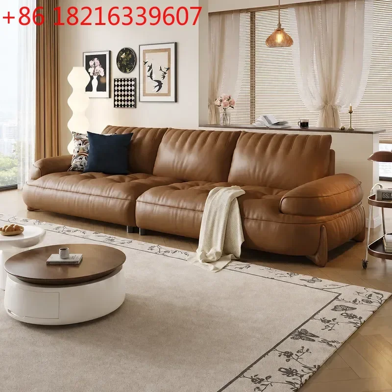 YAO Modern Simple Leather Sofa Large Straight Row Combination Cream Style Light Luxury Living Room Furniture