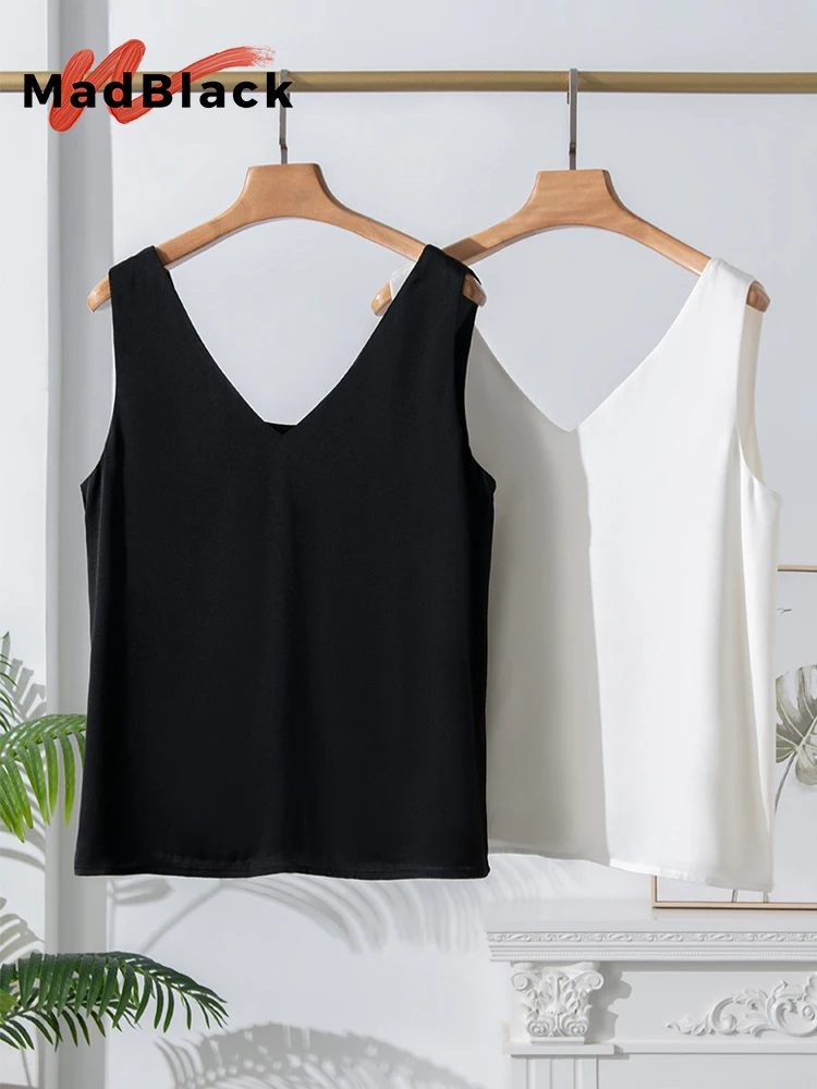 

MadBlack-93%Silk 7%Spandex Shuang Qiao Elegant Vest, V Neck Solid, Women Fashion Casual Thin Loose Top, 2026 Summer New T65219CC