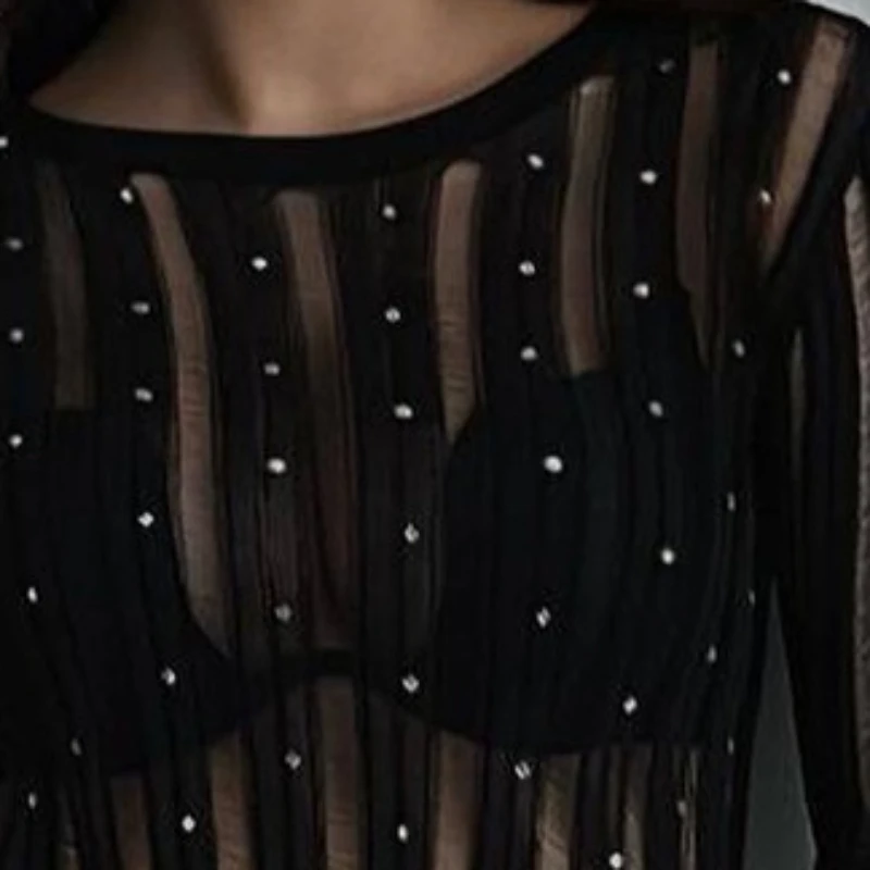 Summer Sexy Spicy Girl Hollow Mesh T-shirt Black Thin Perspective Top Women 2024 New Elastic Hot Diamond Long Sleeve Undershirt