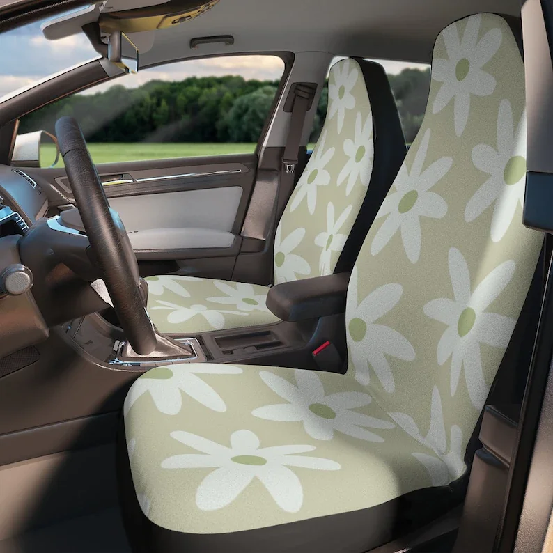 Sage Green Cute Boho Daisy Car Danish Pastel Decor Car Seat Covers For Vehicle For Women Set of 2