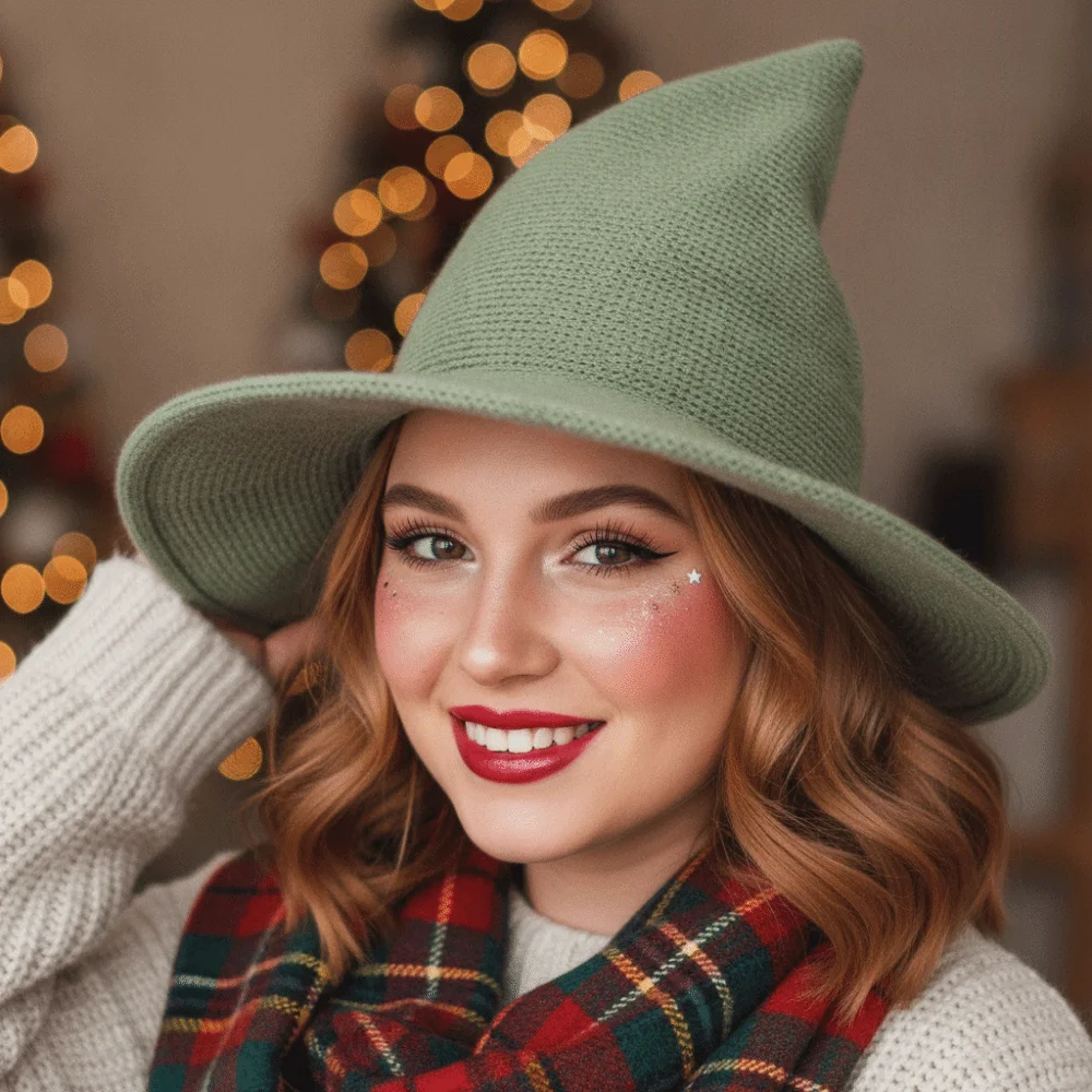 Cosplay Headpiece Knitted Witch Hat Pointed Top Solid Color Wizard Cap Wide Brim Soft Yarn Pointed Bonnet Teens