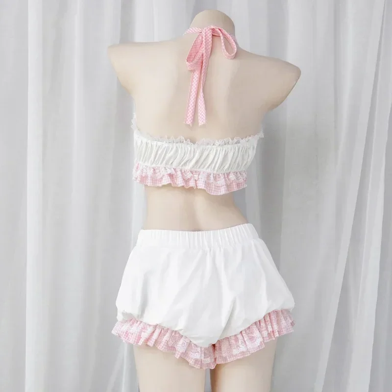 Lolita Cute Girl Ruffles Women Kawaii Maid Outfit Sweet Sexy Sleepwear Servant Cosplay Costumes Bow Lace Tops and Bloomers Set