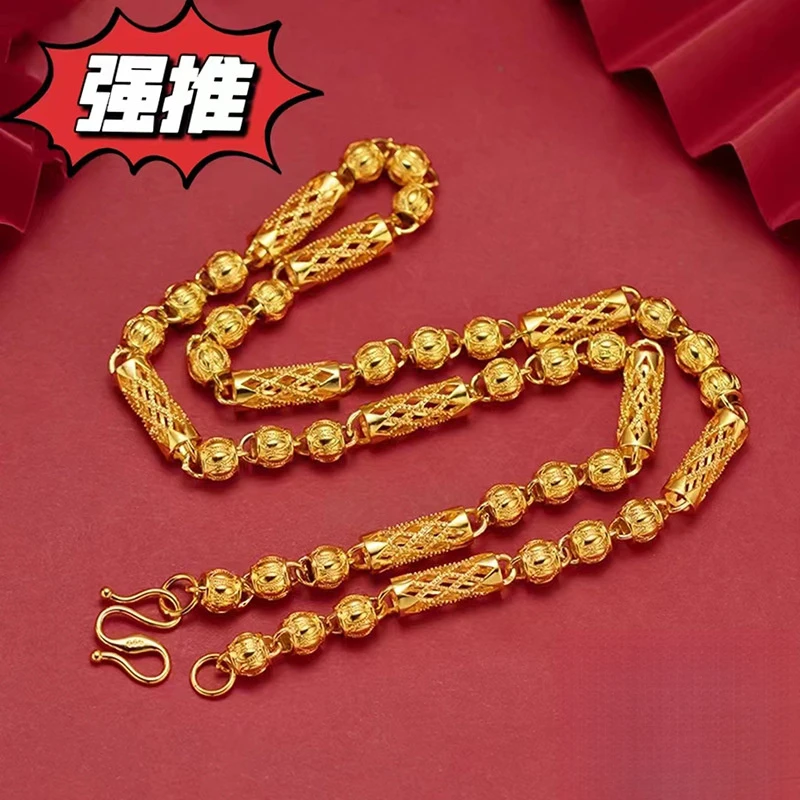 

9999 24K real gold hollow men's necklace M-shaped buckle men's chain boutique open cylindrical necklace lantern beads