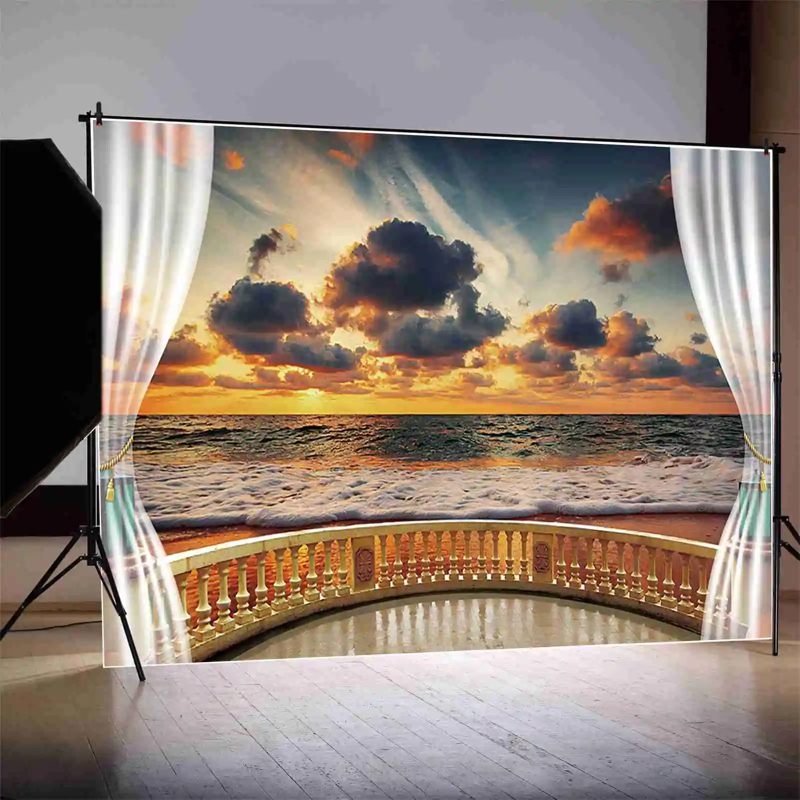 Lua. QG-Sunset Beach Wave Nuvens escuras, adereços de fotografia para adulto, motivos de aniversário masculino, oceano e beira-mar, cortina branca para festa