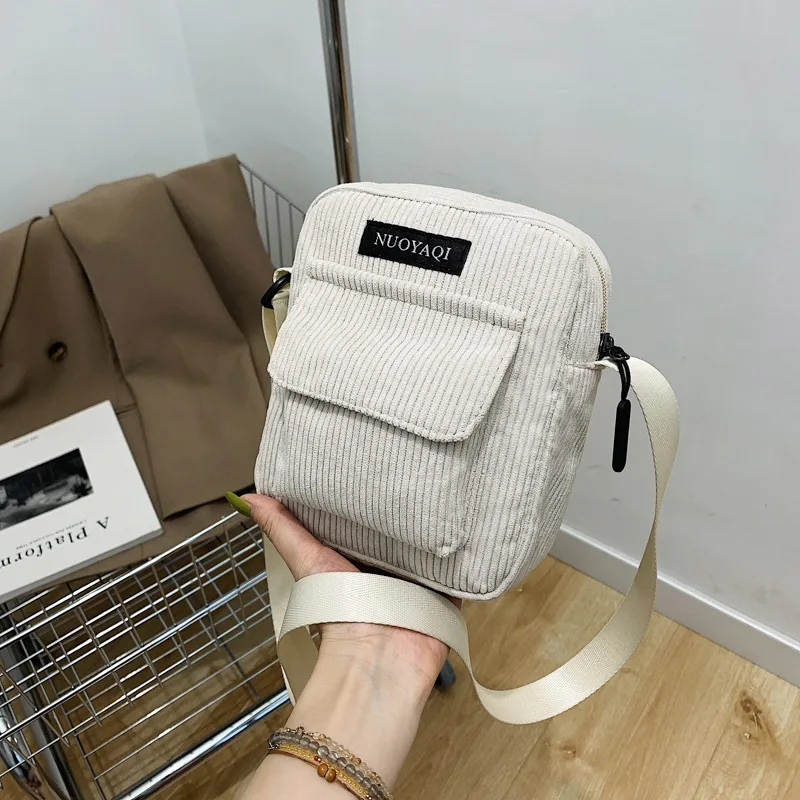 Women Corduroy Shoulder Bags Striped Cloth Fabric Handbags Casual Zip Tote Canvas Crossbody Bag Cute Shopping Bag for Ladies