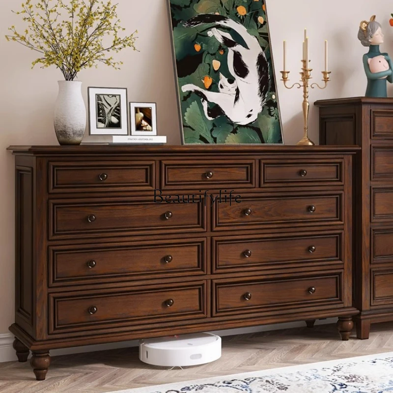 

American Country Style Solid Wood Nine-Drawer Cabinet Entryway Bedroom Side Cabinet Vintage