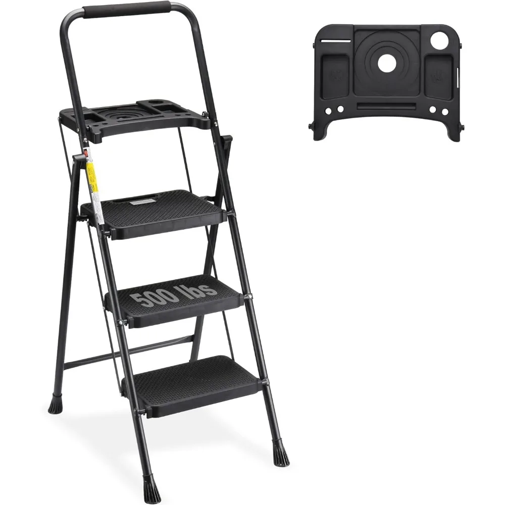 

3-Step Folding Ladder with Tool Tray, Non-Slip Pedals and Handgrip for Home and Office, Lightweight 500lbs Capacity in Black
