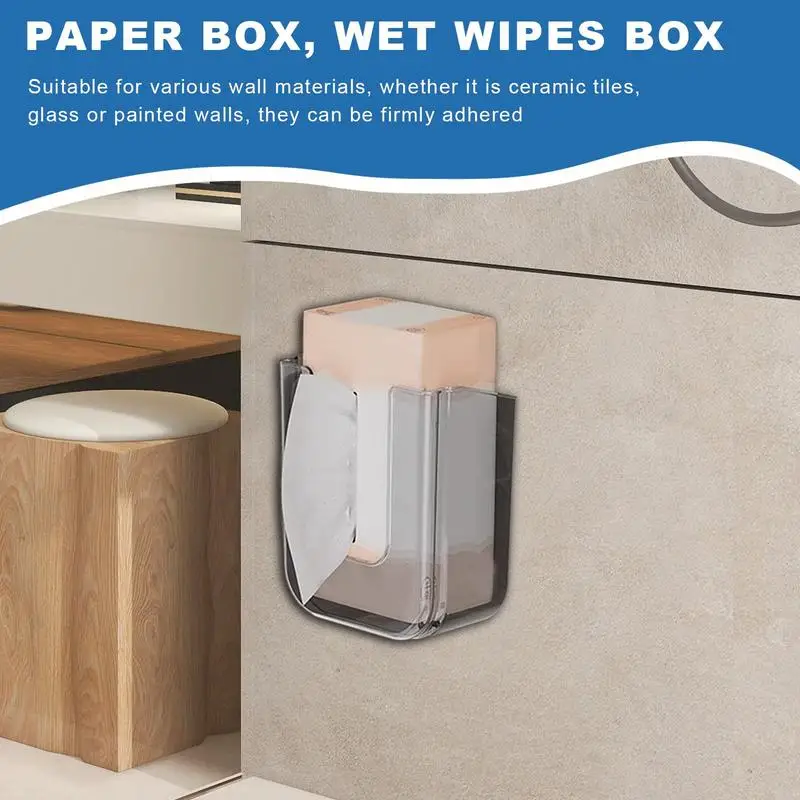 صندوق تخزين مناديل مبللة مثبت على الحائط غير مثقوب للحمام، حامل مناشف ورقية موفر للمساحة ذاتي اللصق