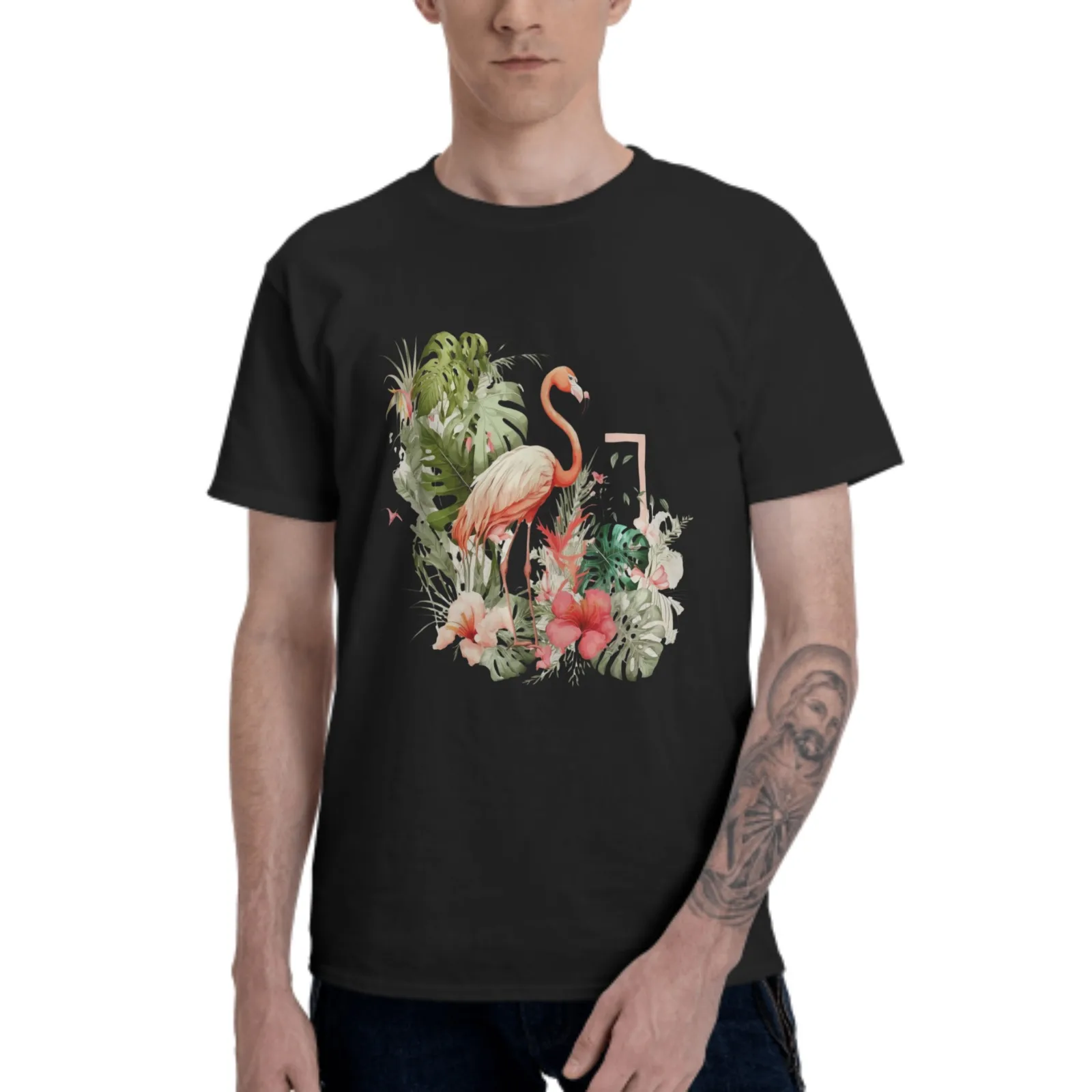 Flamingo Palm Men‘s T-Shirt Cotton 100% Summer Tops Fashion Casual Short Sleeves Round Collar Short-Sleeve Couple Tees