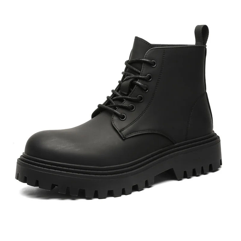 British style men's casual platform boots black matte lace-up natural leather shoes cowboy spring autumn boot trendy ankle botas