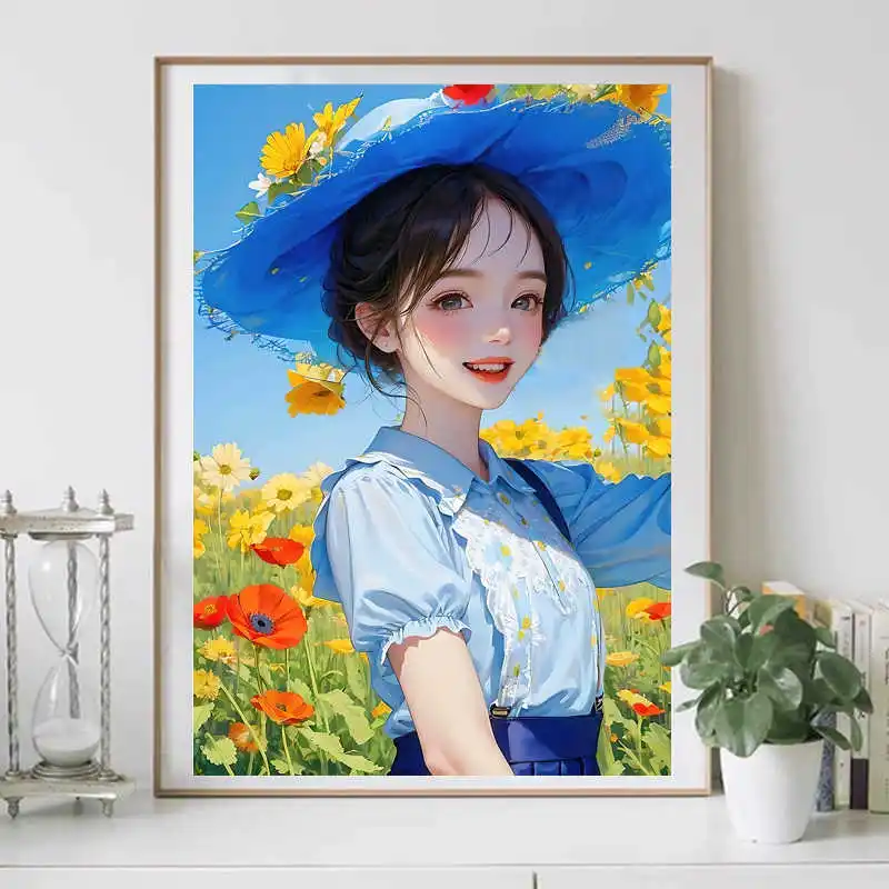 

Набор для вышивания крестиком: портрет девочки в синей шляпке, полный комплект для рукоделия, декор для дома