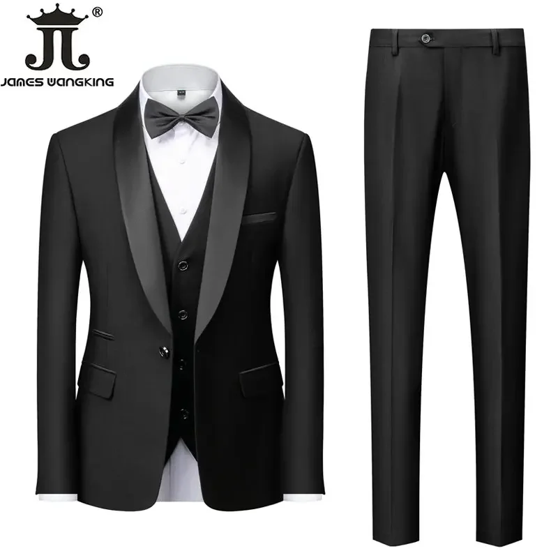 M-6XL Jacket Vest Pants Solid Color Men\'s Formal Business Office Suit Groom Wedding Dress Party Blazer Waistcoat Trousers Tuxedo