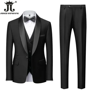 M-6XL Jacket Vest Pants Solid Color Men's Formal Business Office Suit Groom Wedding Dress Party Blazer Waistcoat Trousers Tuxedo 3