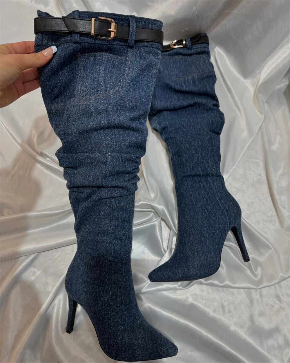 

Black Belt Buckle Pointed Toe Denim Boots Sexy Style Stiletto Knee High Boots Novelty Fashion Style Women's Handmade Knee Boots