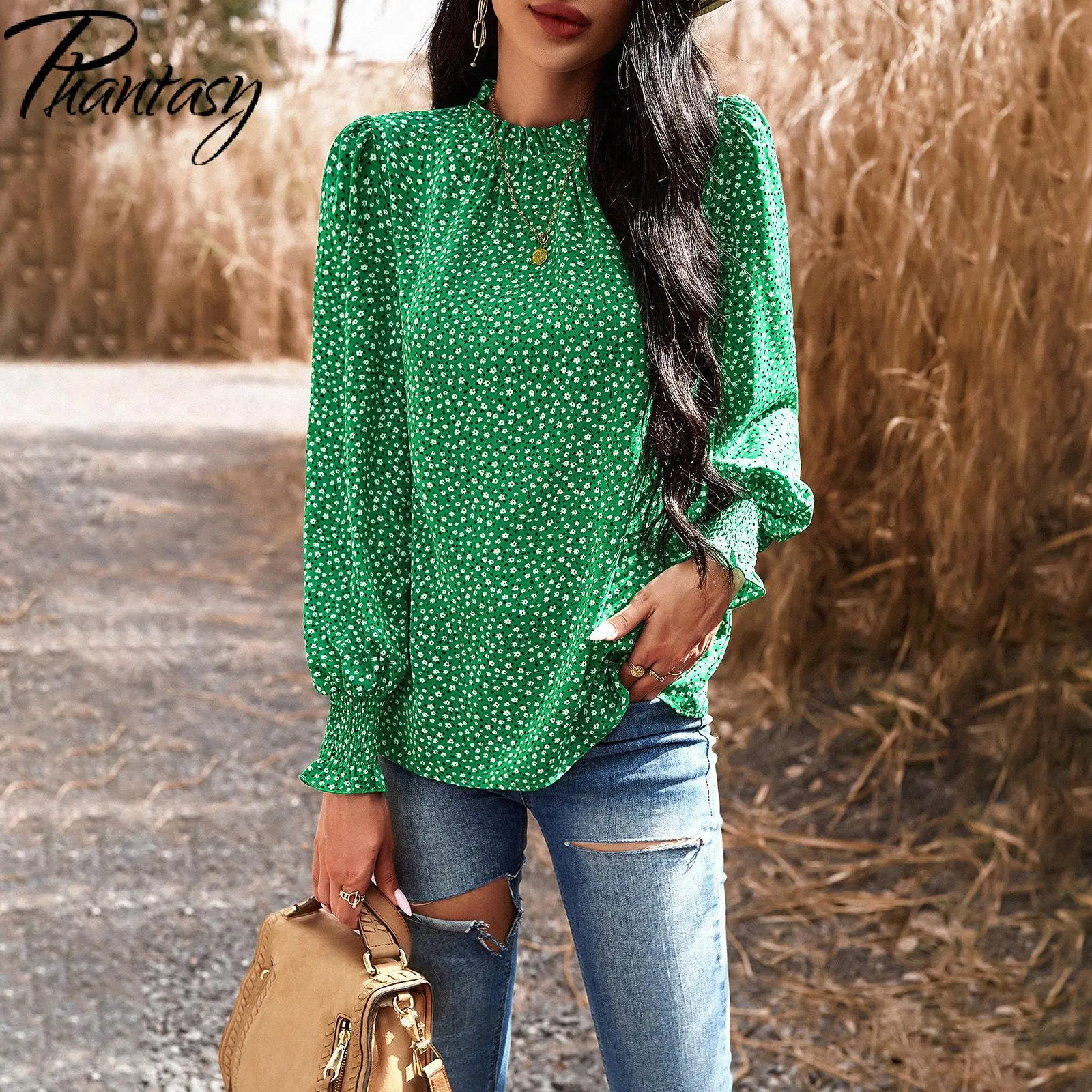 Phantasy Women Office Lady Casual Blouse Elegance Designer Flower Printing Shirt Girl Puff Sleeve Fashion Commuting Loose Tops