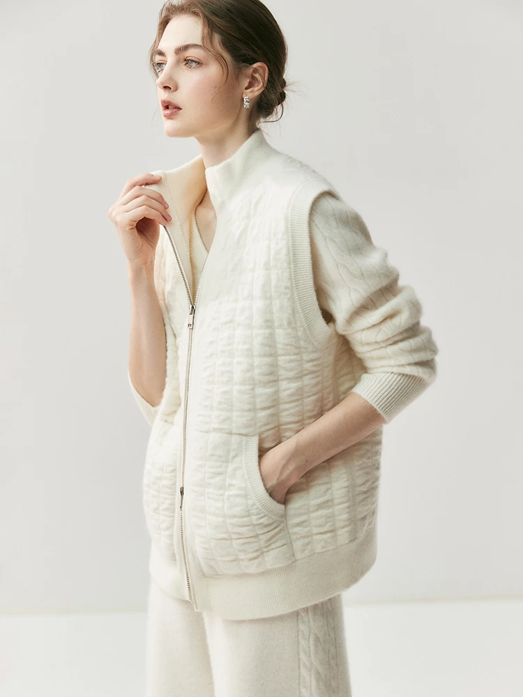 Addonee Autumn Winter Women's Cotton-padded Vest Sweater Cardigan Sleeveless Waistcoat 100% Cashmere Grid Vest Warm Knit Pocket