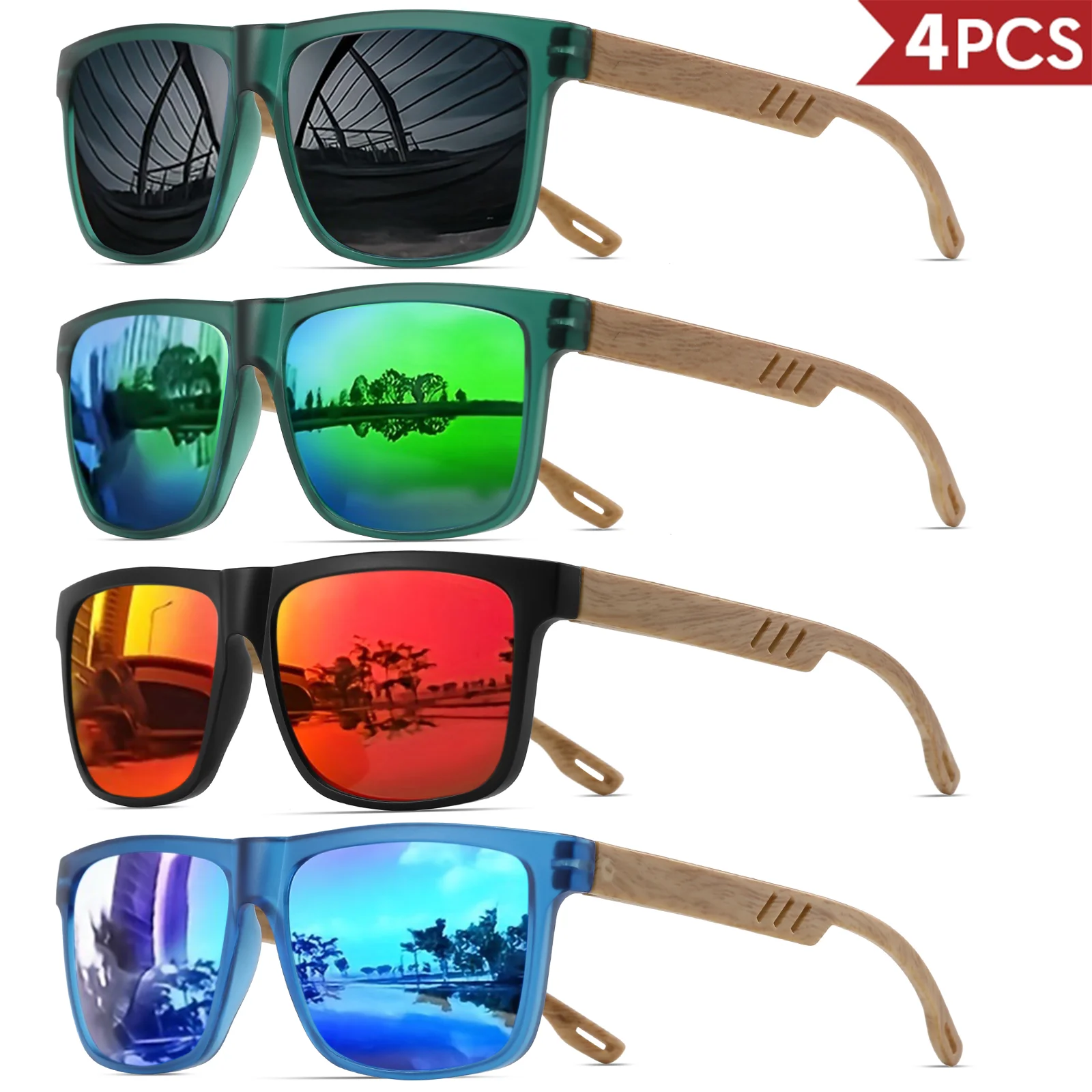 4 stuks houtnerf veerscharnier zonnebril - klassiek retro vierkant frame, UV400 unisex comfort geschikt voor dagelijkse vrijetijdskleding - afbeelding 2