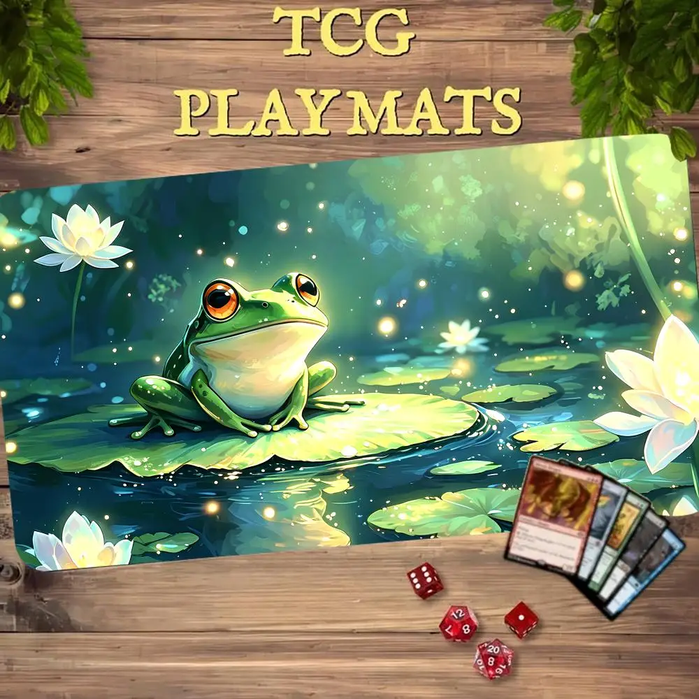 Cute Lotus Leaf Frog Design MTG Trading Card Game Playmat TCG CCG Play Mat Magic Non-Slip Durable Stitched Edge Magic Card Mats