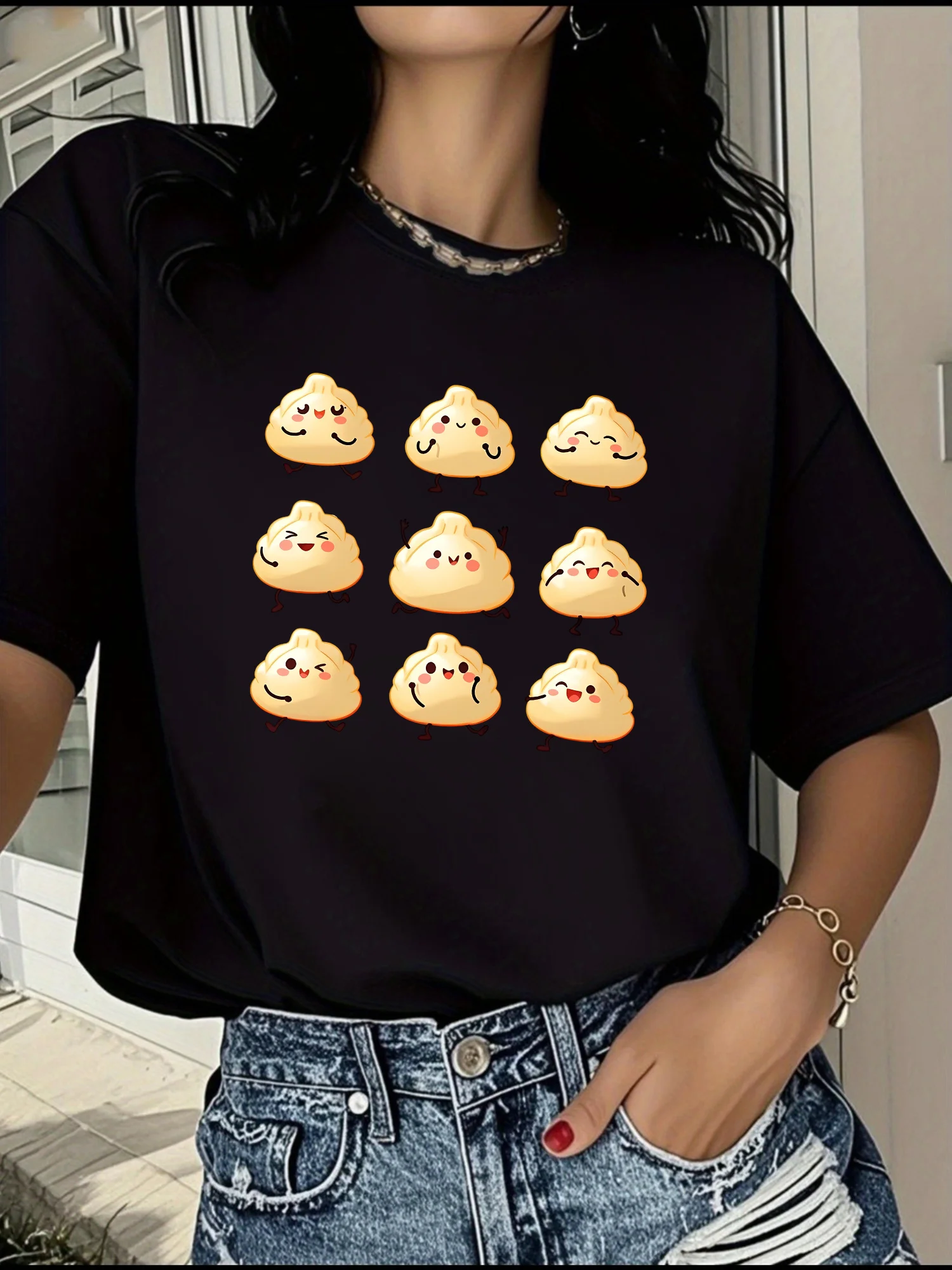 Cute Nine Cartoon Dumplings Various Faces Art Print Graphic Womens T Shirt Short Sleeve Crew Neck Casual Ladies Tee Tops