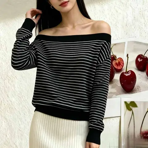 2026 New Long Sleeve Striped Knitted Sweater Women Pullovers Slash Neck Knit Sweater Pullover Women Tops Sueter Feminino Q6449