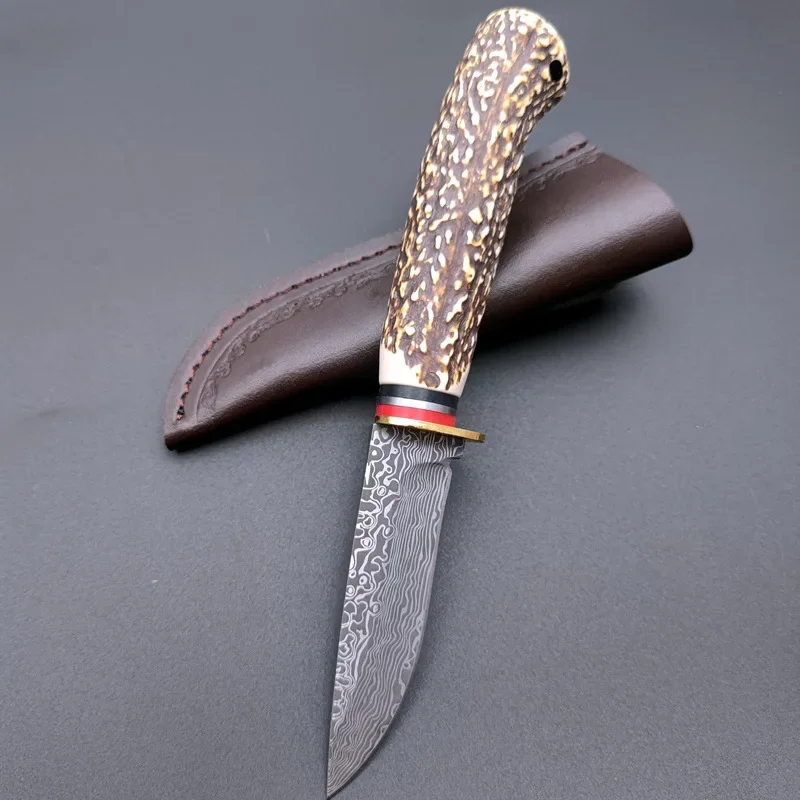 

Straight Knife Outdoor Damascus Pattern Bone Imitation Handle Knife Multi functional High Hardness pocket knife fixed blade