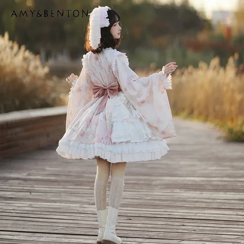

2025 Japanese Autumn New Women's Advanced Design Lolita Style Pink and White Color Matching Bow Loose V-neck Dress