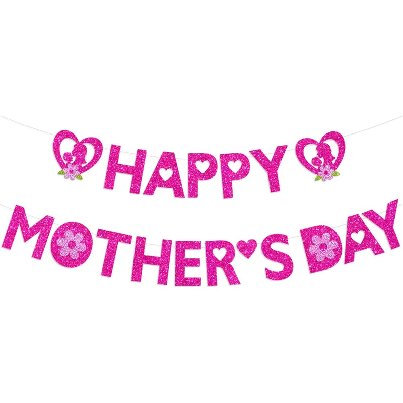 Happy Mother’s Day Banner, Shiny Letters Flower Wall Hanging Holiday Party Favor Photo Props