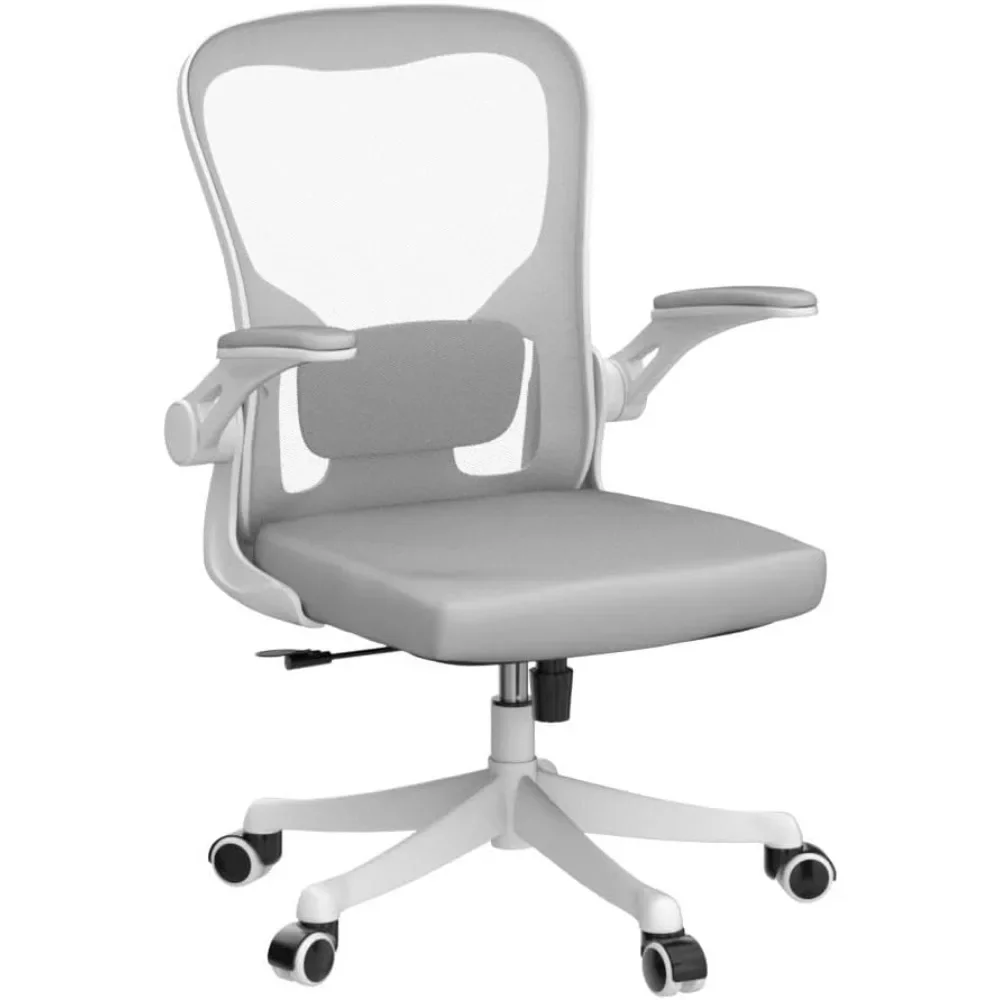 Office Chair -  Flip Up Arms Home Office Desk Chairs Rockable Swivel High Back Computer Chair White Frame Grey Mesh Study Chair