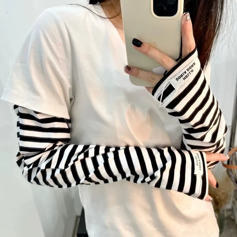 

Women Cotton Stripe Sunscreen Ice Silk Gloves UV Protection