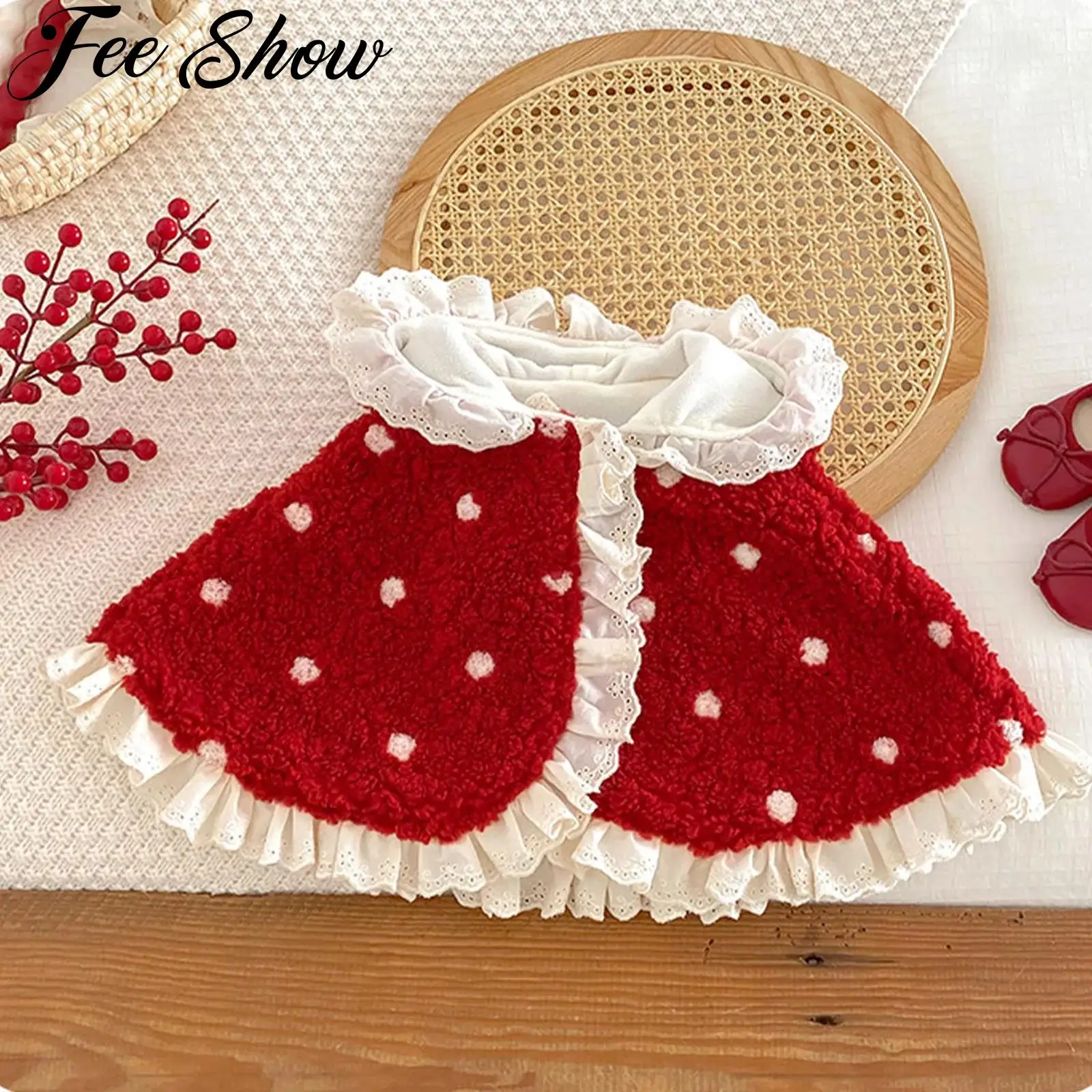 

Рождественский флисовый плащ с капюшоном для маленьких девочек, накидка с милым узором в горошек и кружевной отделкой, теплая нечеткая верхняя одежда с кроличьими ушками