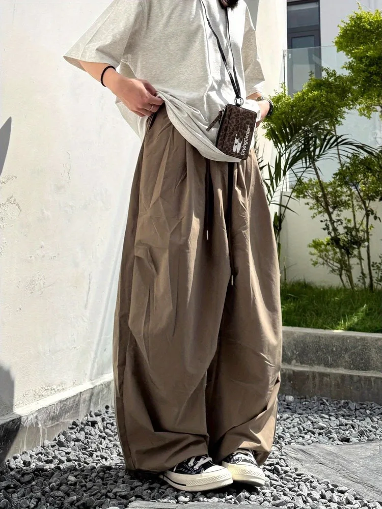 Washed Wide Leg Pants Men's Casual Lightweight Loose Fit Drawstring Knife Long Trousers Straight Cut Spring Autumn