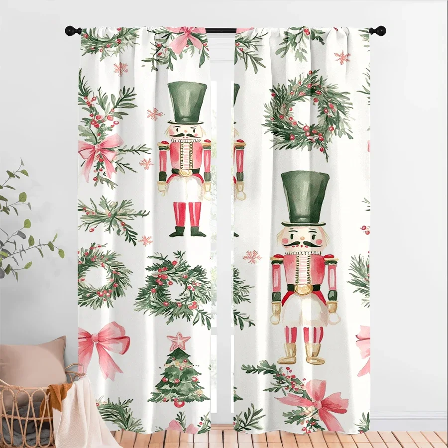 Christmas Holiday Window Curtain Festive Pine Greenery and Nutcracker Design for Seasonal Home Decor