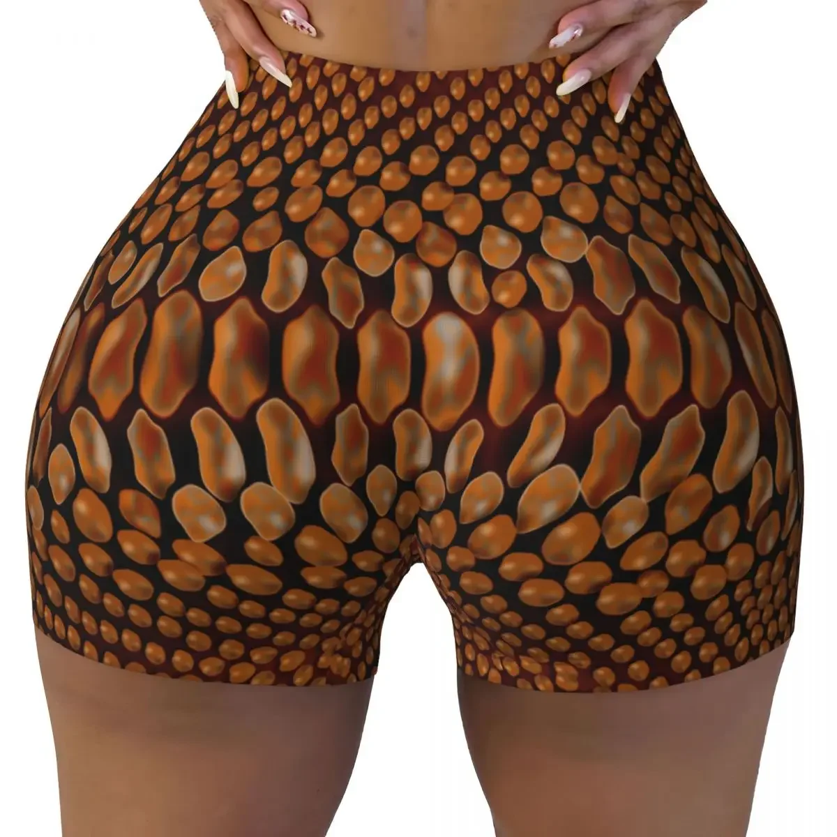 Custom Brown Snake Skin Print Gym Running Volleyball Shorts for Women Animal Texture Snakeskin Workout Yoga Shorts