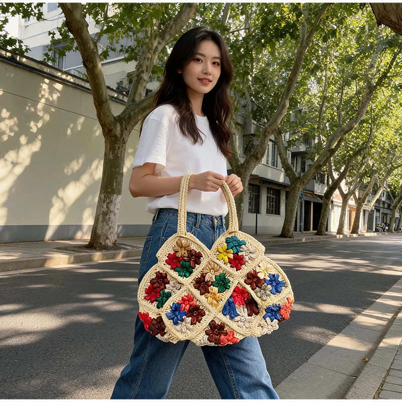 Hochwertige Handgefertigte Raffia-Schultertasche Exquisite Gewebte Stroh-Tragetasche Offene Bunte Blumen-Diamantmuster Einkaufstasche – Detail 21