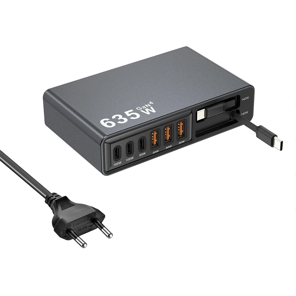 New 635W GaN Fast Charger Station with 140W Retractable 8-in-1 USBC Cable Charging for iPhone Samsung Laptop Tablet Dropshipping