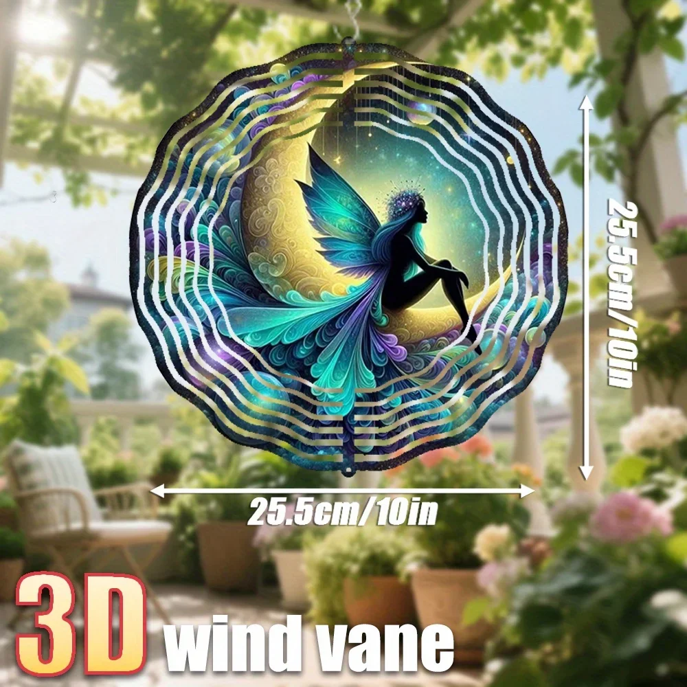 Campana de Viento con Diseño de Hada en la Luna [Gancho Giratorio/Sin Necesidad de Baterías] - Decoración Encantada Elegante en Turquesa y Dorado para Jardín