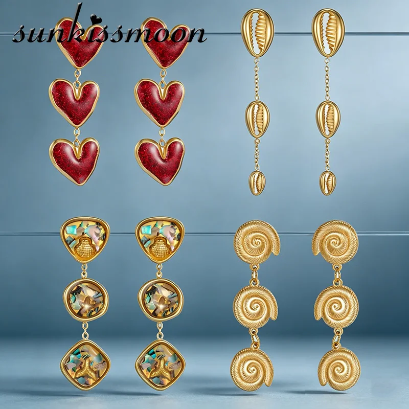 Trendy Boho 18K Gold Plated Shell Dangle Earrings For Women Vintage 3 Tier Long Drop Earrings Summer Beach Party Jewelry Gift
