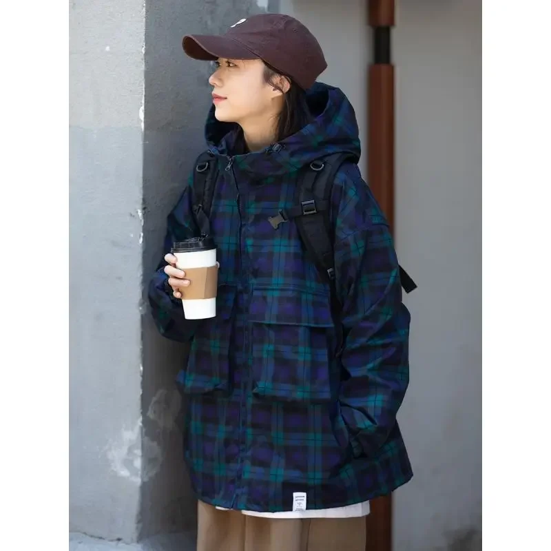 Women's Spring Autumn Trench Coat Tops Coats Hooded Plaid Jacket Simple Loose Casual Design Chic Advanced Soft Niche Versatile