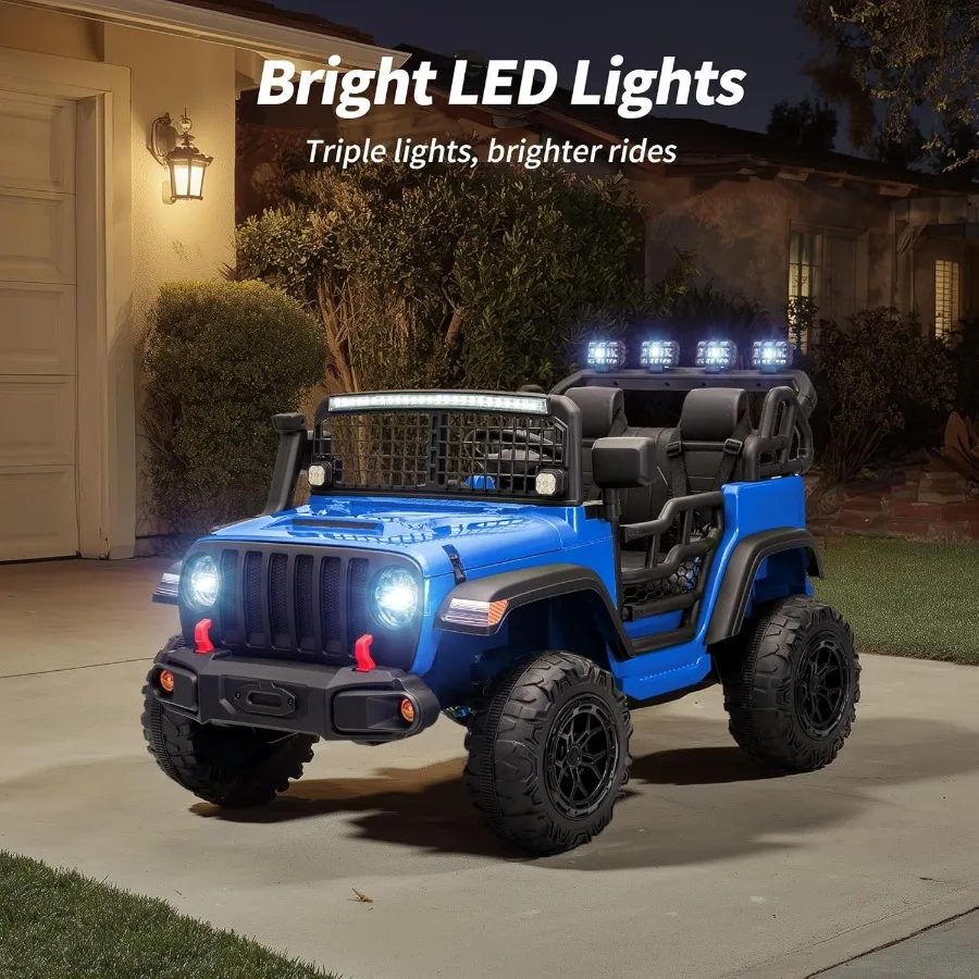 2人乗り乗用玩具車 12V電動カー 4～8歳向け リモコン付き 耐荷重110ポンド LEDライト - ブルー