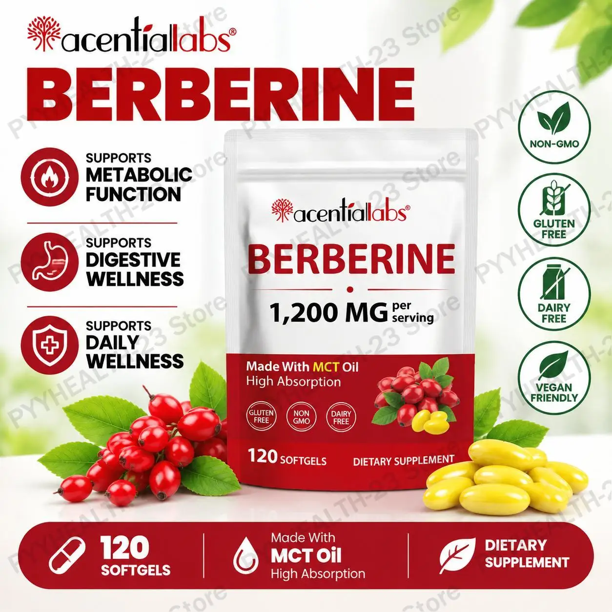 Acentilabs Berberine HCl Softgels with MCT Oil Promote Digestion Weight Management Maintain Intestinal Health Vegan 120 Softgels
