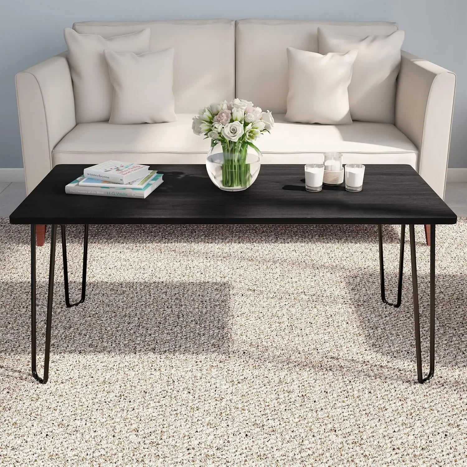 

Coffee Table with Hairpin Legs - Modern Industrial Style Home Decor - Woodgrain-Look and Steel Accent (Black)