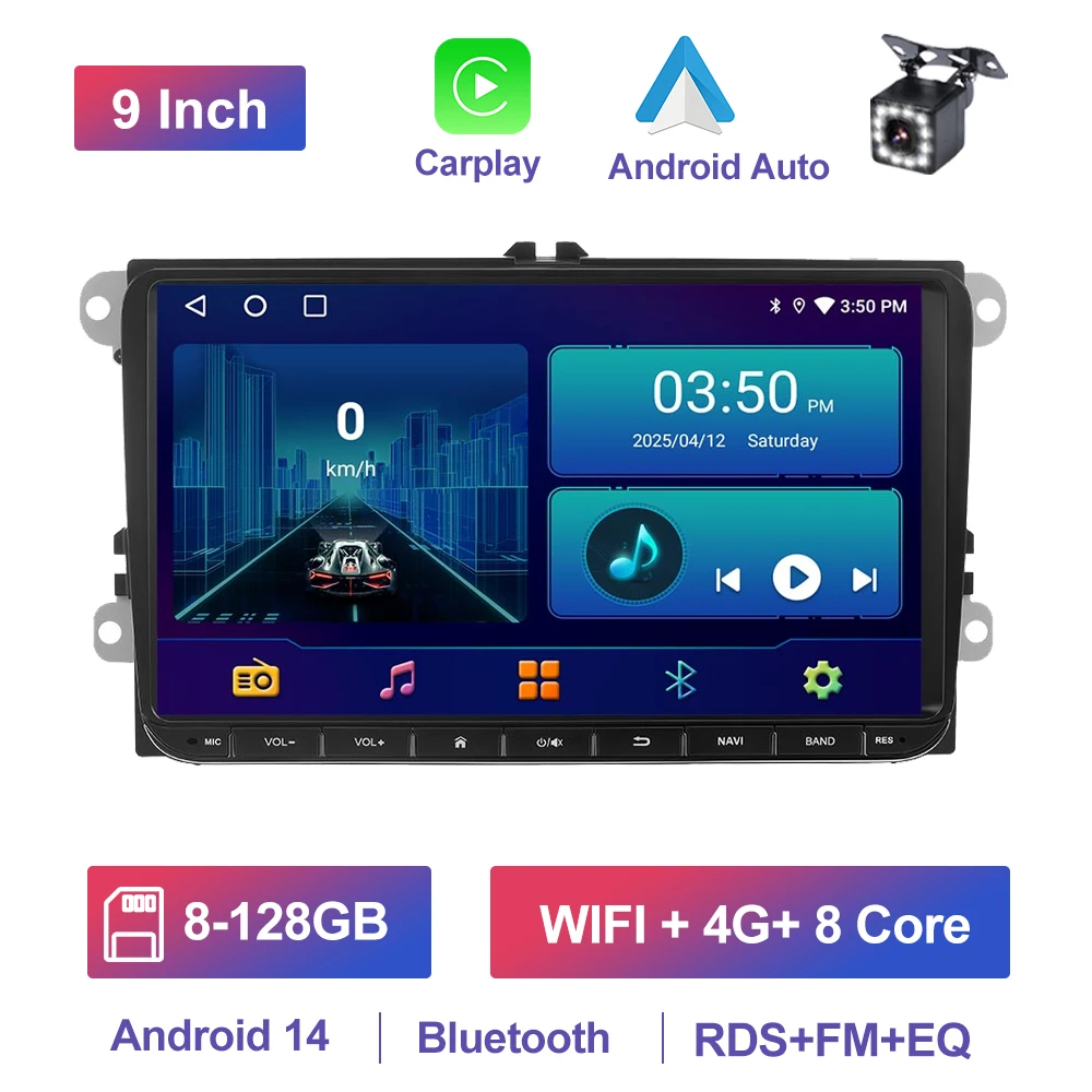 GEARELEC 9" Autoradio voor VW Golf Passat B6 B7 Skoda's Octavia Polo Tiguan 2 Din draadloos Android 13 CarPlay Android RDS Auto DSP BT 4G GPS Auto Multimediaspeler voor Volkswagen