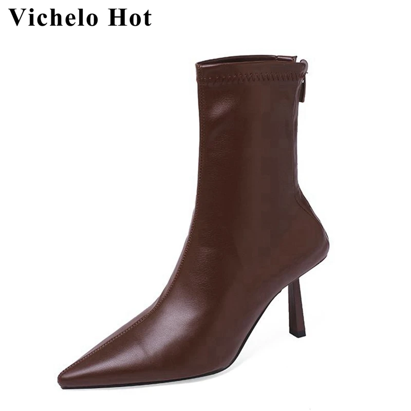 

Vichelo Hot New Microfiber Pointed Toe High Heels Modern Boots Stovepipe Oriental Handmade Office Lady Grace Zipper Ankle Boots