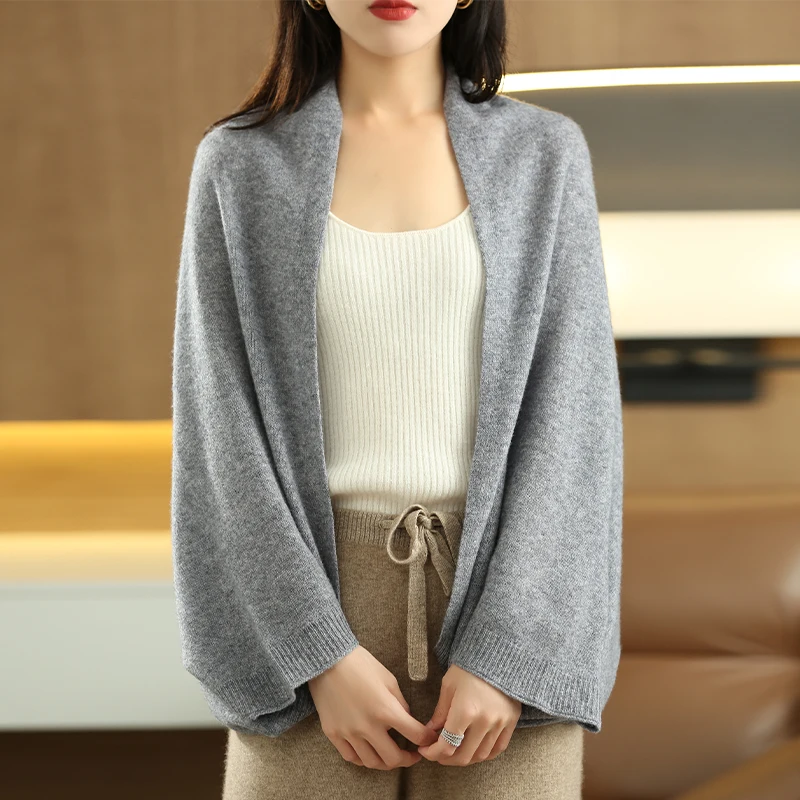 100% Merino Wool New Fashion Spring Cardigan Women\'s Elegant Soft Knit Shawl Korean Style Shawl Loose Solid Color Scarf