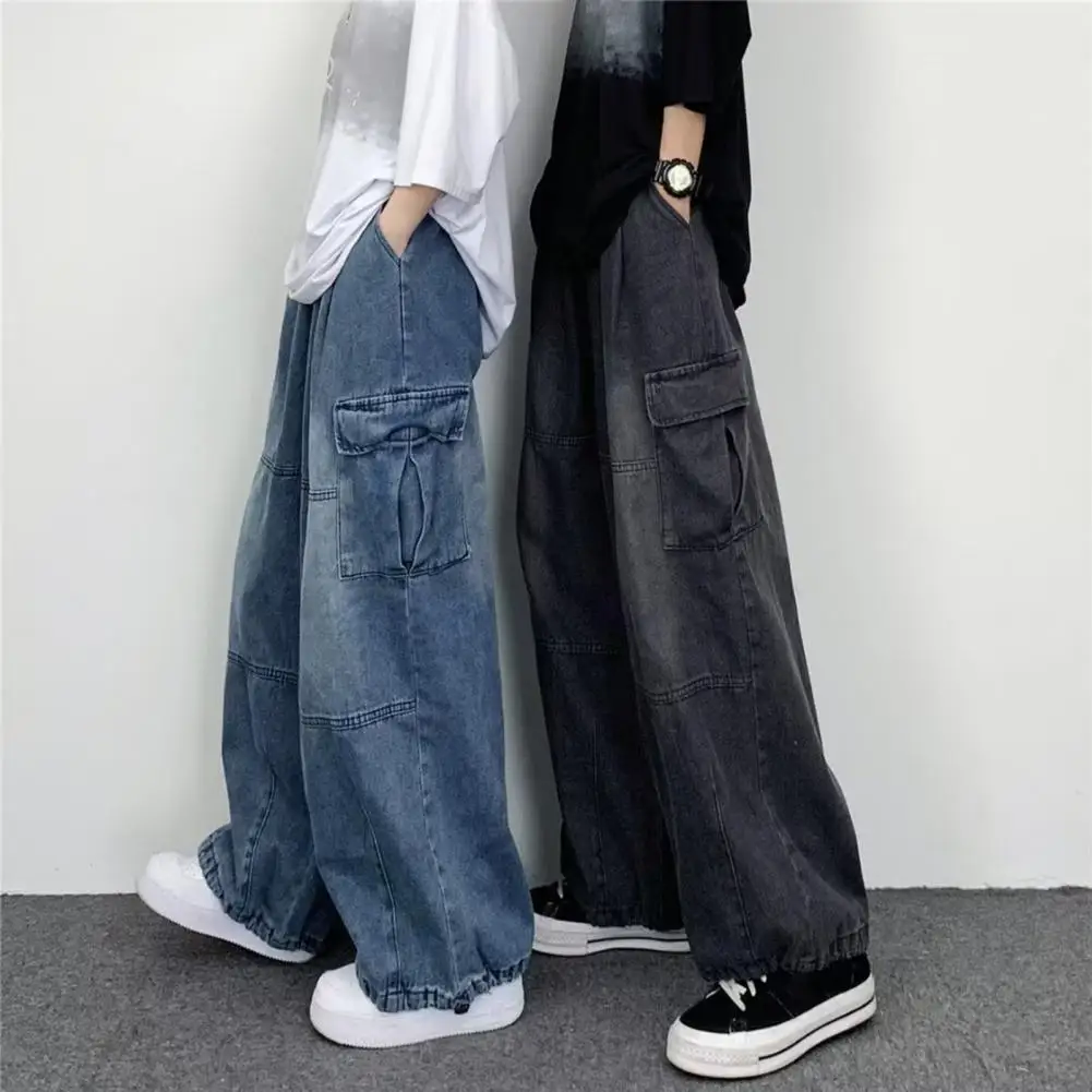 

Popular Men Denim Pants Bottoms Baggy Cargo Jeans Solid Color Relaxed Fit Mid Waist Denim Trousers Streetwear