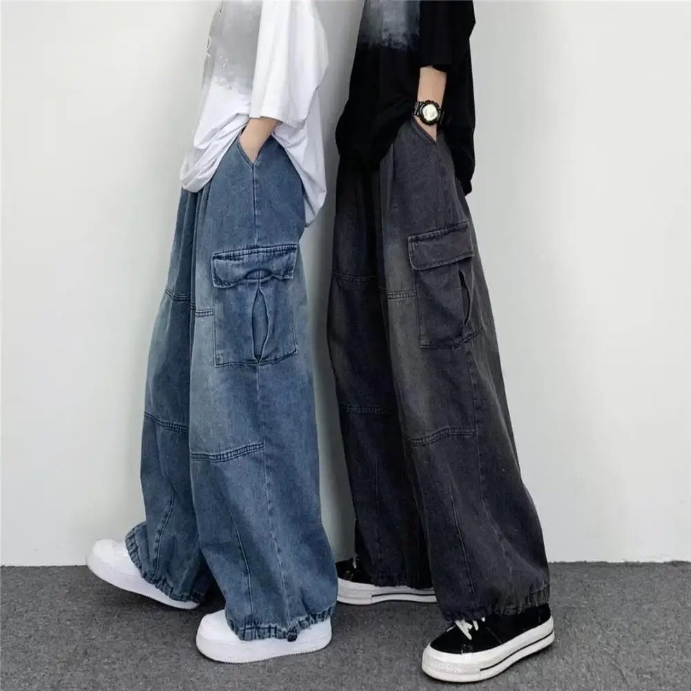 Popular Men Denim Pants Bottoms Baggy Cargo Jeans Solid Color Relaxed Fit Mid Waist Denim Trousers  Streetwear